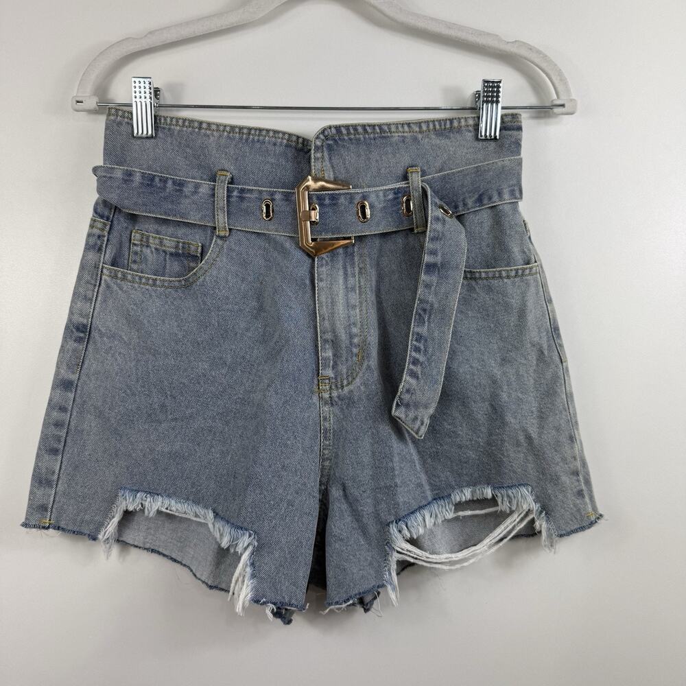 Cloud Ten High Waisted Belted Denim Paperbag Shorts Small 100% Cotton Casual